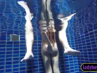 Grande tetitas travesti adolescente mamada en un piscina antes anal sexo